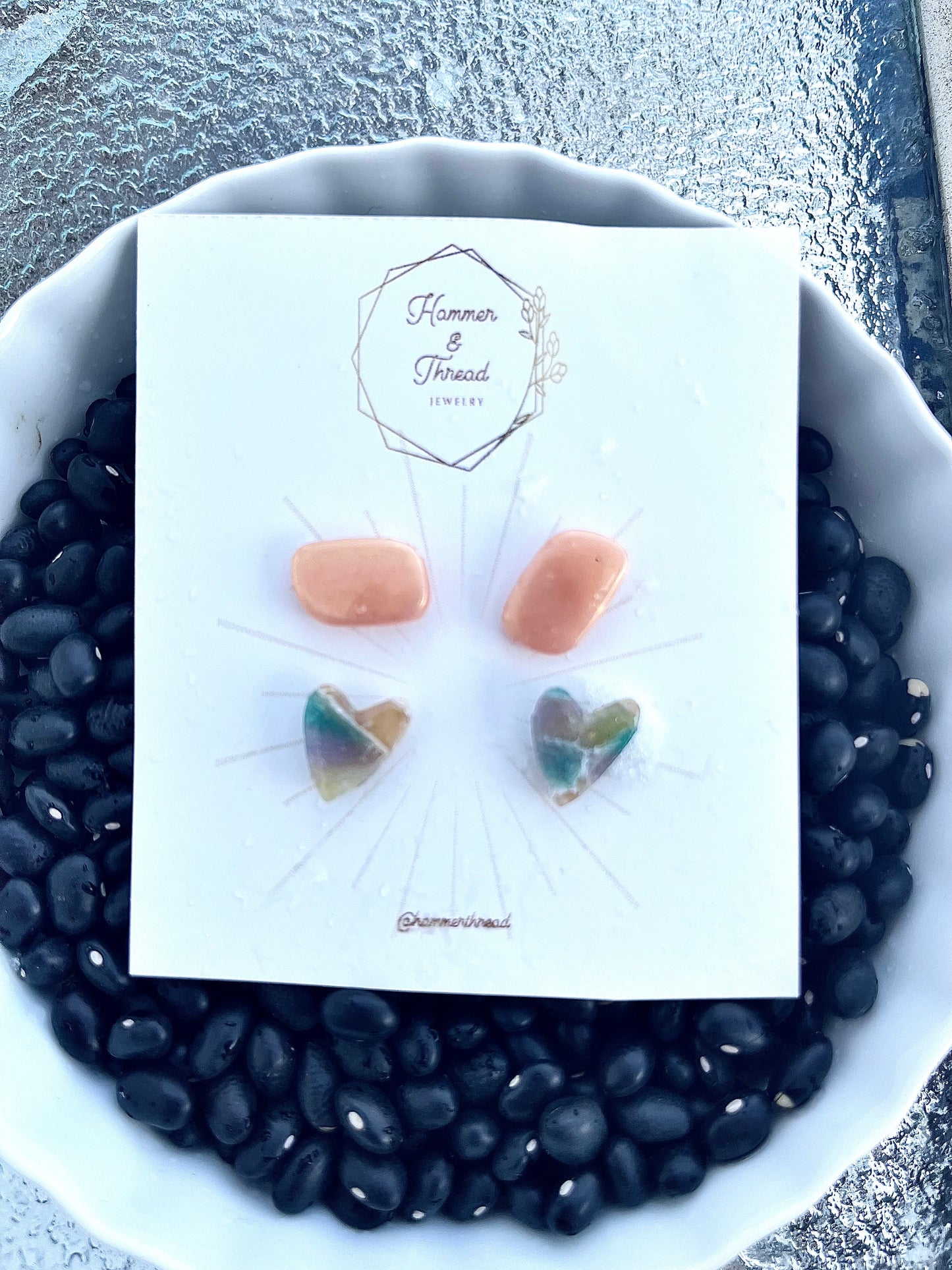 pebbles and hearts stud earrings, handmade polymer clay — Hammer & Thread