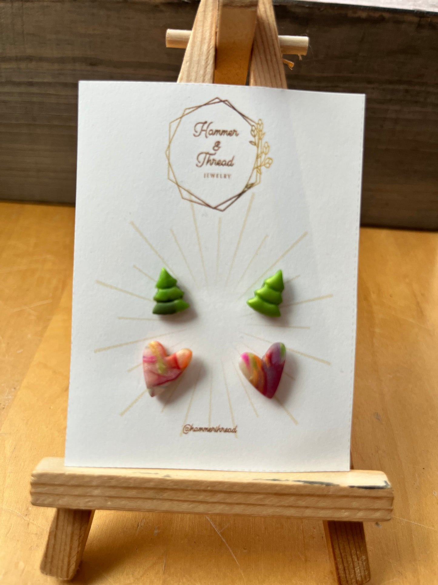 Tiny tree and rainbow heart stud earring pack, handmade polymer clay — Hammer & Thread