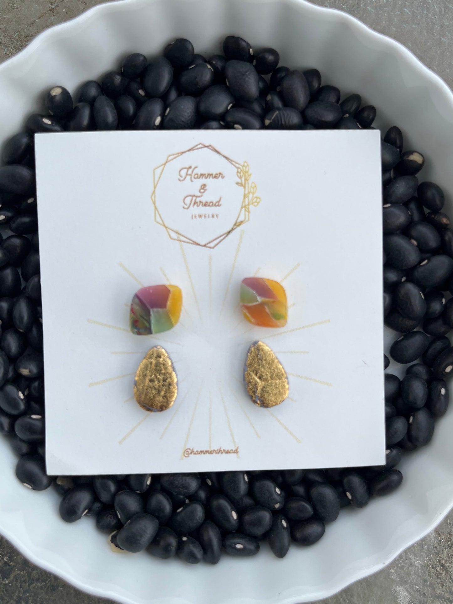 Mosaic Rainbow and Gold Geo Stud Earring Set