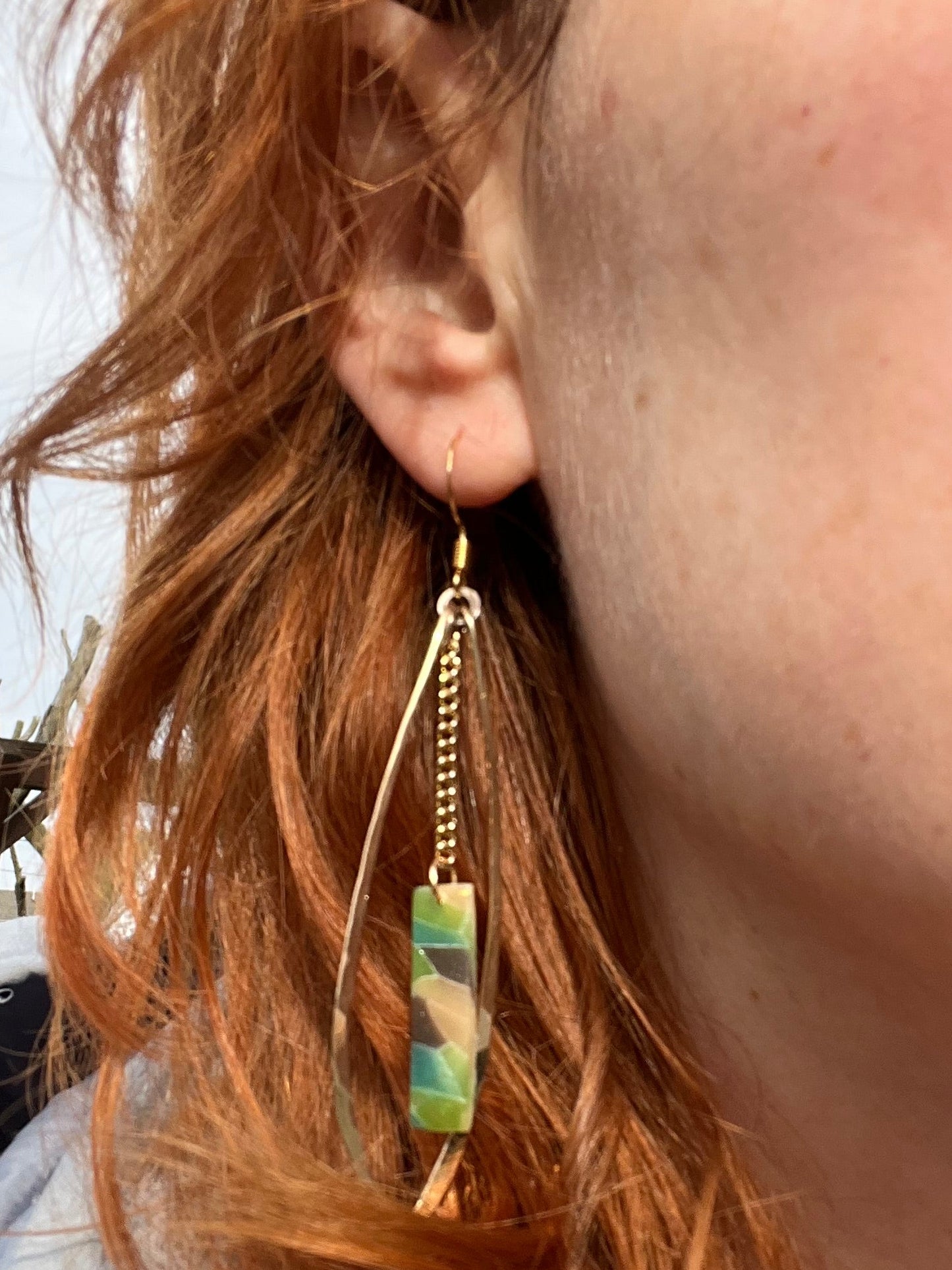 Hammered Oval Aqua Mosaic Dangle Earrings