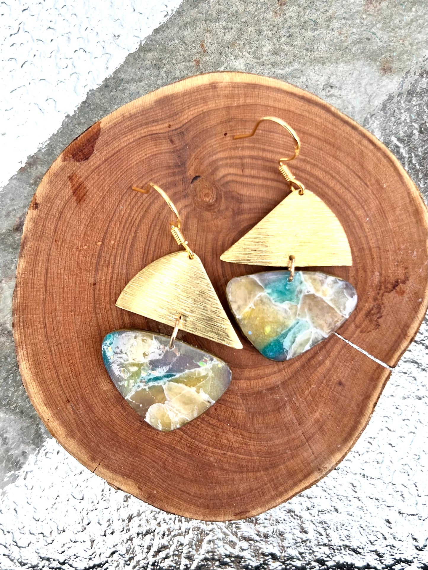 Faux Pebble Brass Triangle Dangle Earrings, Handmade polymer clay — Hammer & Thread