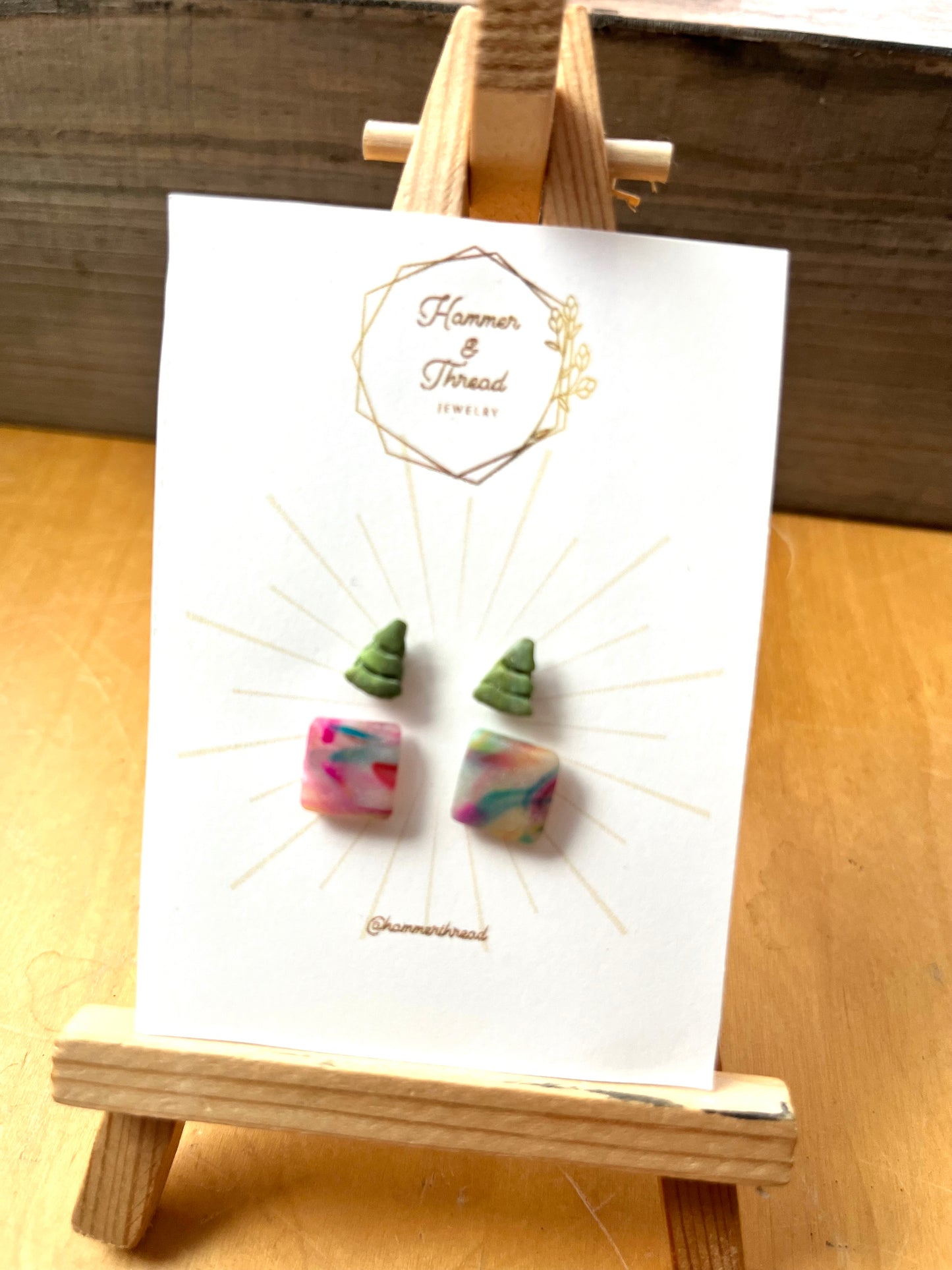 Tiny tree and rainbow square stud earring pack, handmade polymer clay — Hammer & Thread