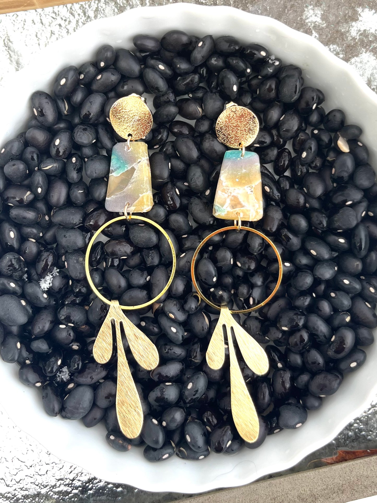 Geometric Long Dangle Earrings - High Shine Faux Stone