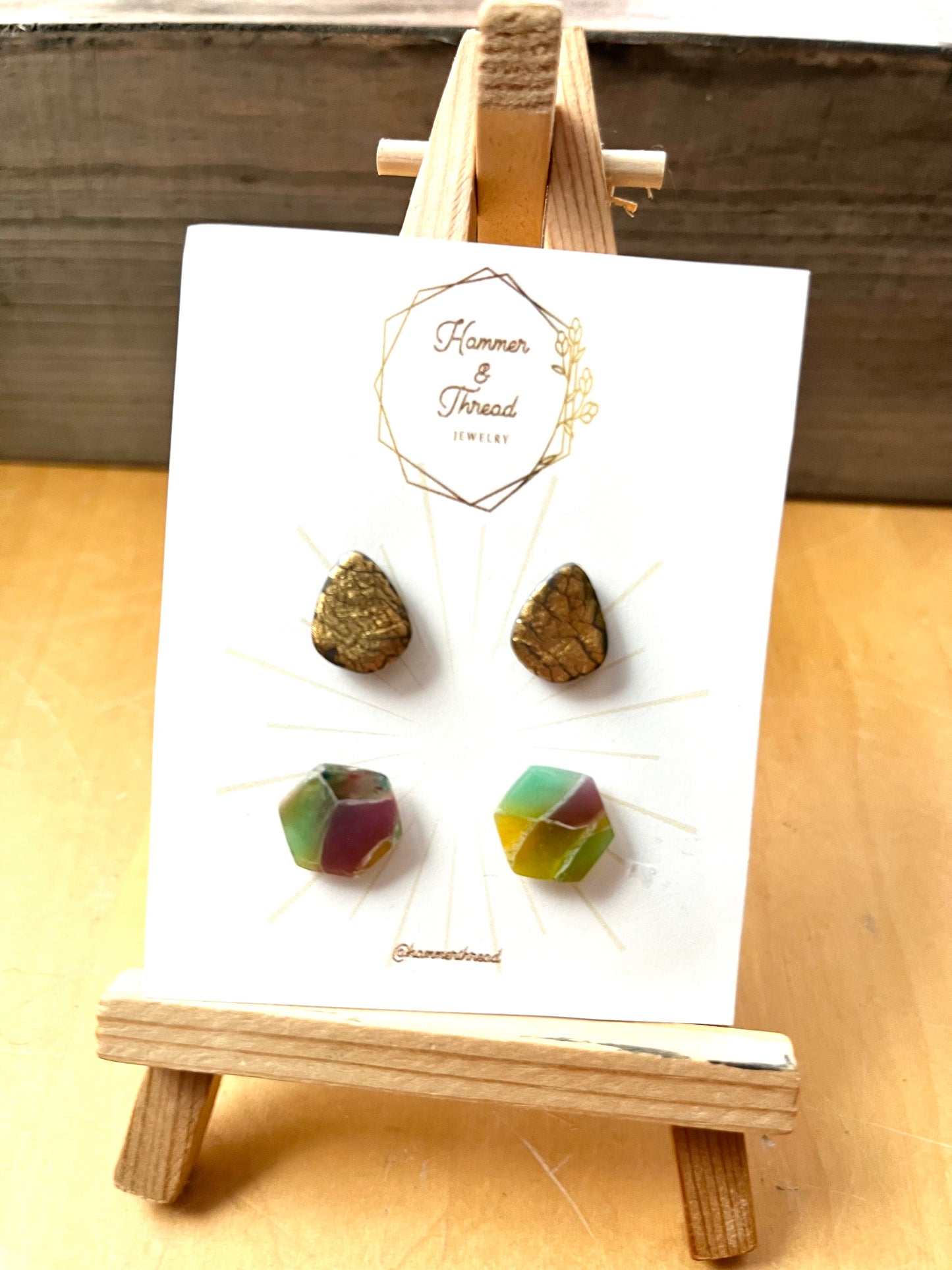 Stained glass mosaic hexagon and gold leaf teardrop stud earring pack, handmade polymer clay — Hammer & Thread