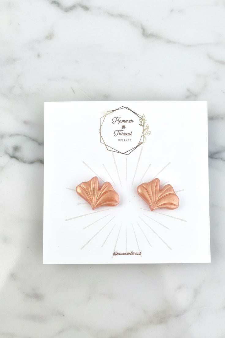 rosy golden ginko leaf stud earrings, handmade polymer clay — Hammer & Thread
