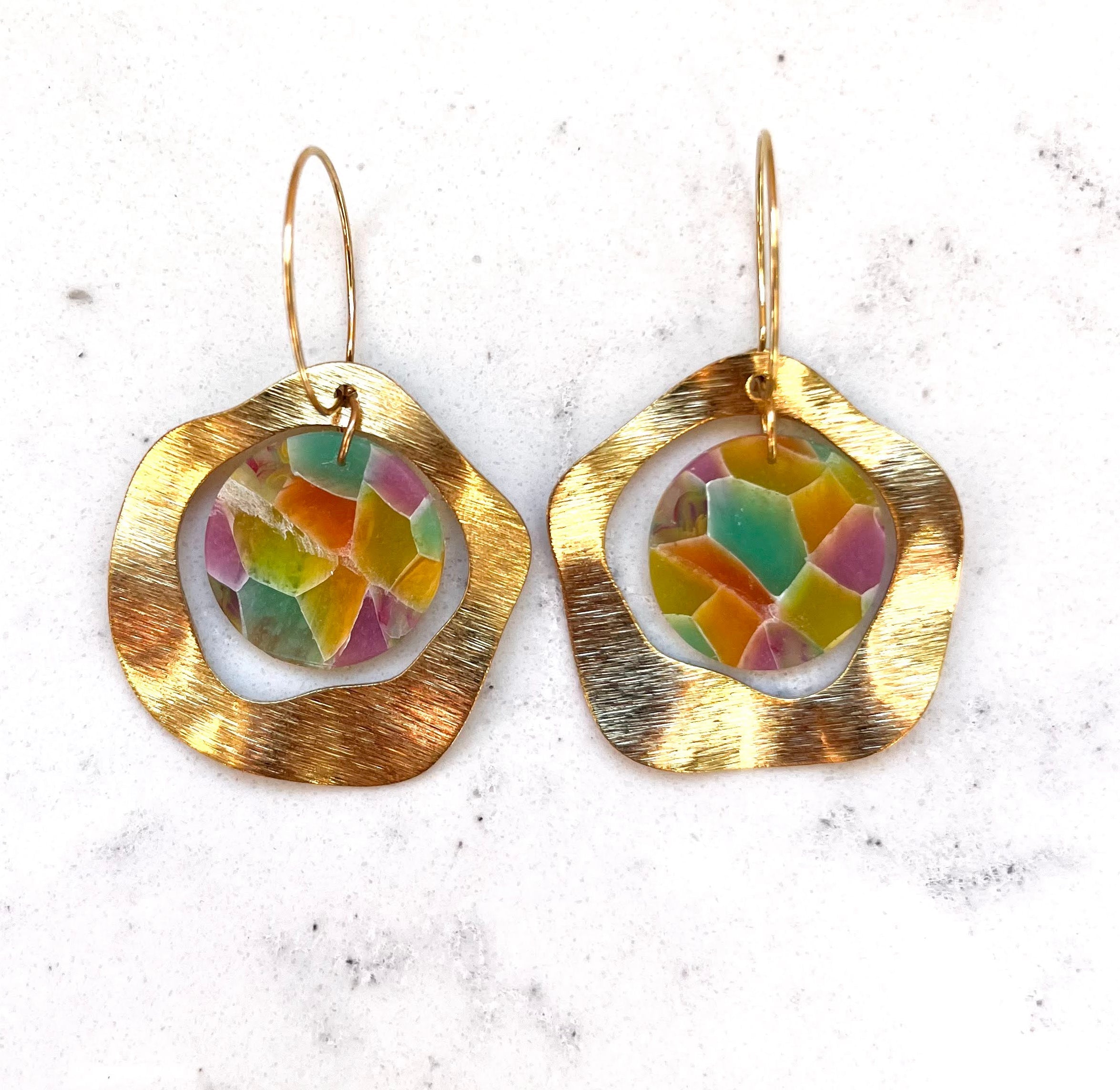 Sunlit mosaic dangle hoop earrings, handmade polymer clay — Hammer & Thread