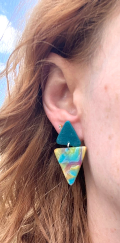 Teal & Rainbow Triangle Stud Dangle Earrings