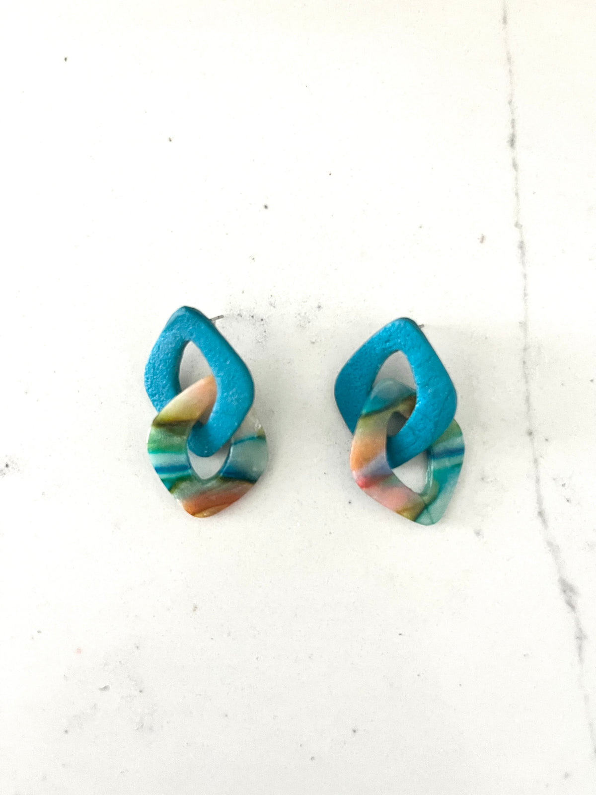 Watercolor & Teal Link Stud Dangle Earrings