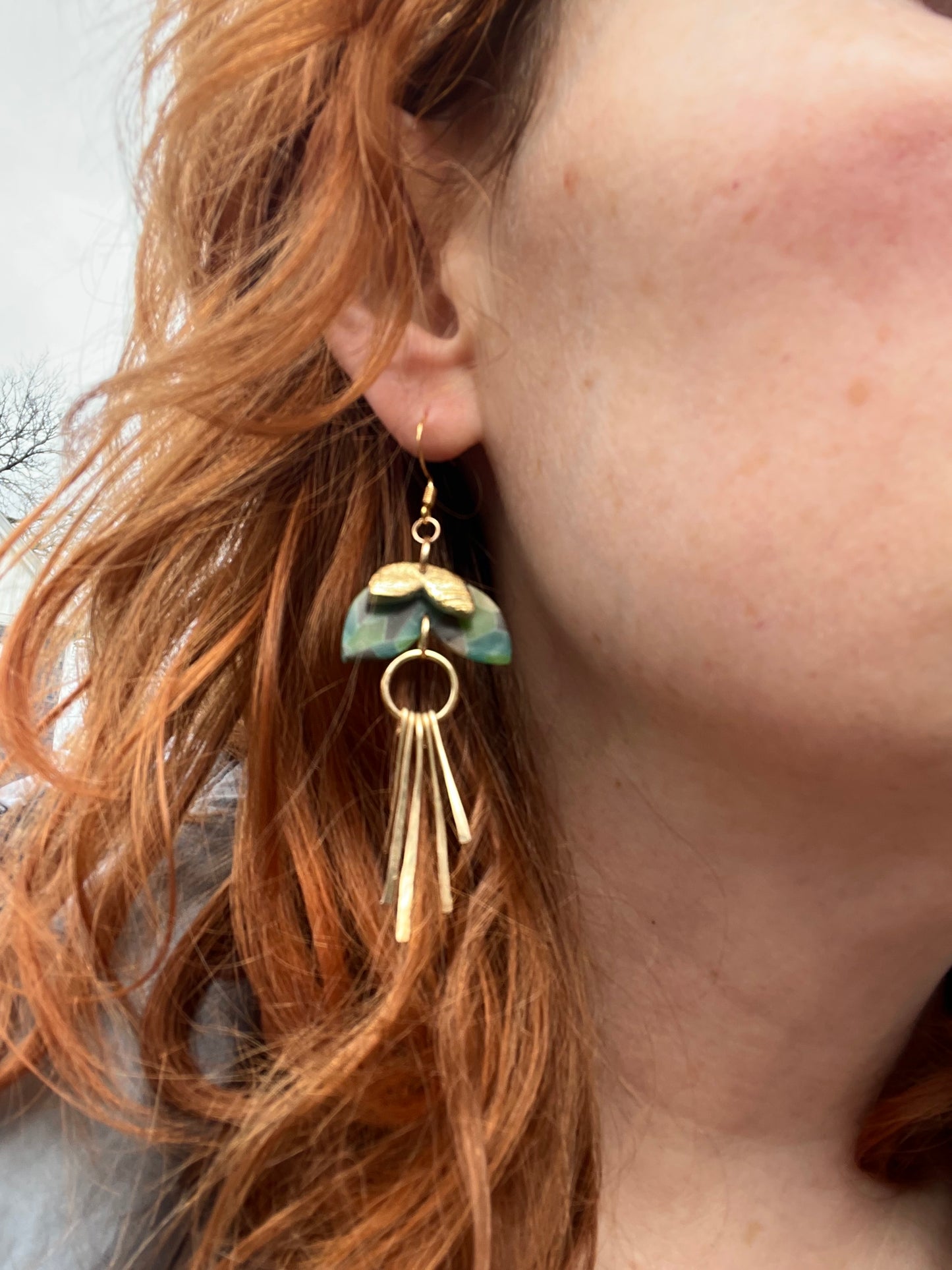 Aqua Mosaic Hammered Tassle Dangle Earrings