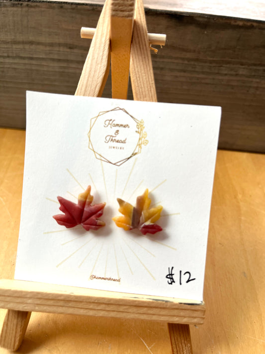 Maple leaf autumn stud earrings, handmade polymer clay — Hammer & Thread