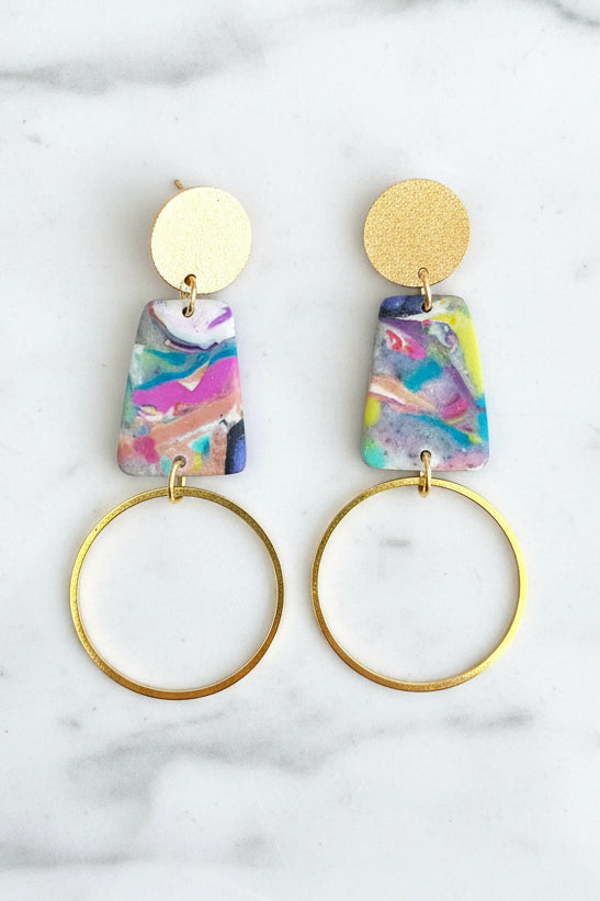 Technicolor modern geometric dangle earrings, handmade polymer clay — Hammer & Thread