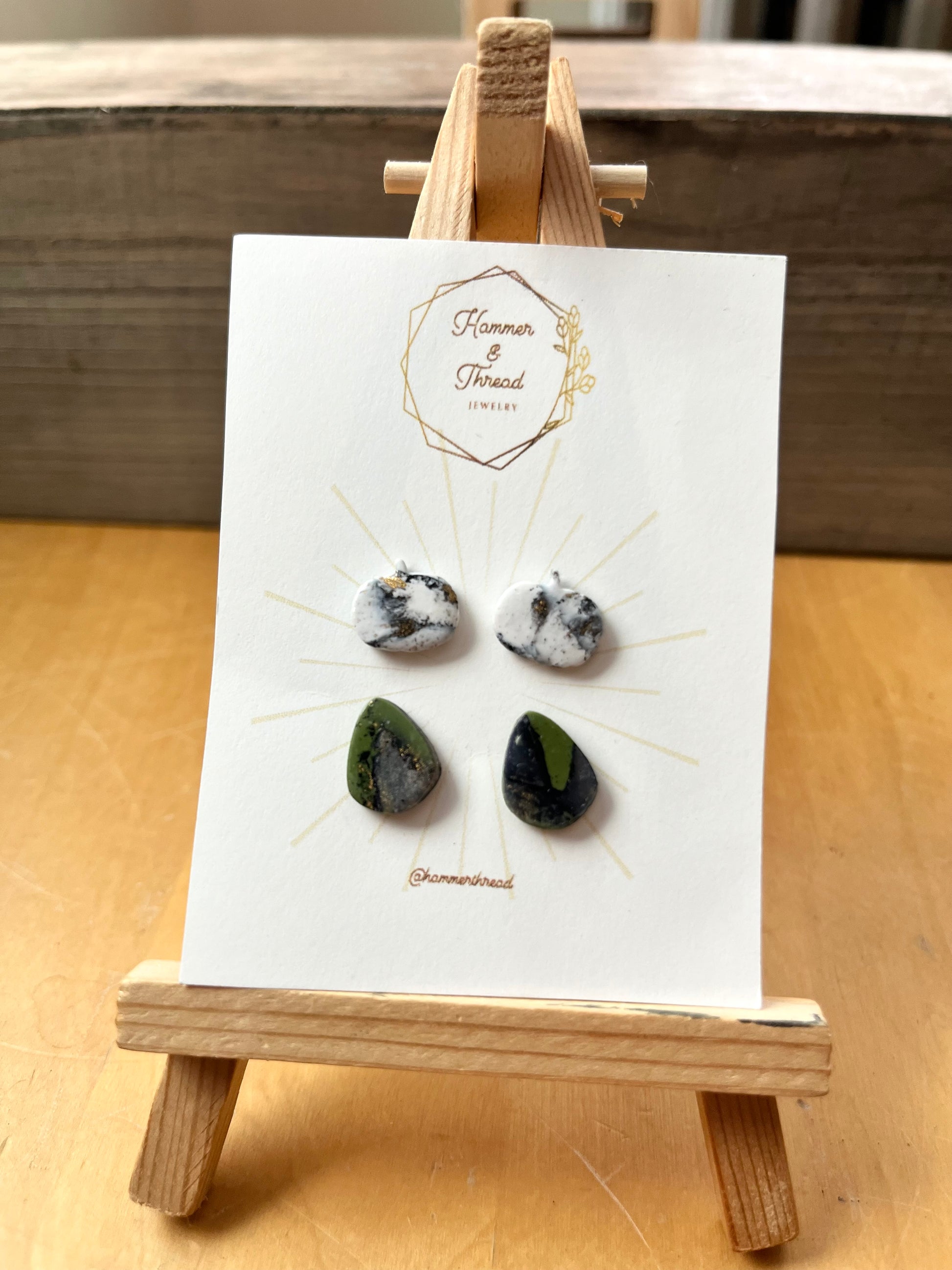 White marble pumpkin and green marble teardrop stud earring pack, handmade polymer clay — Hammer & Thread