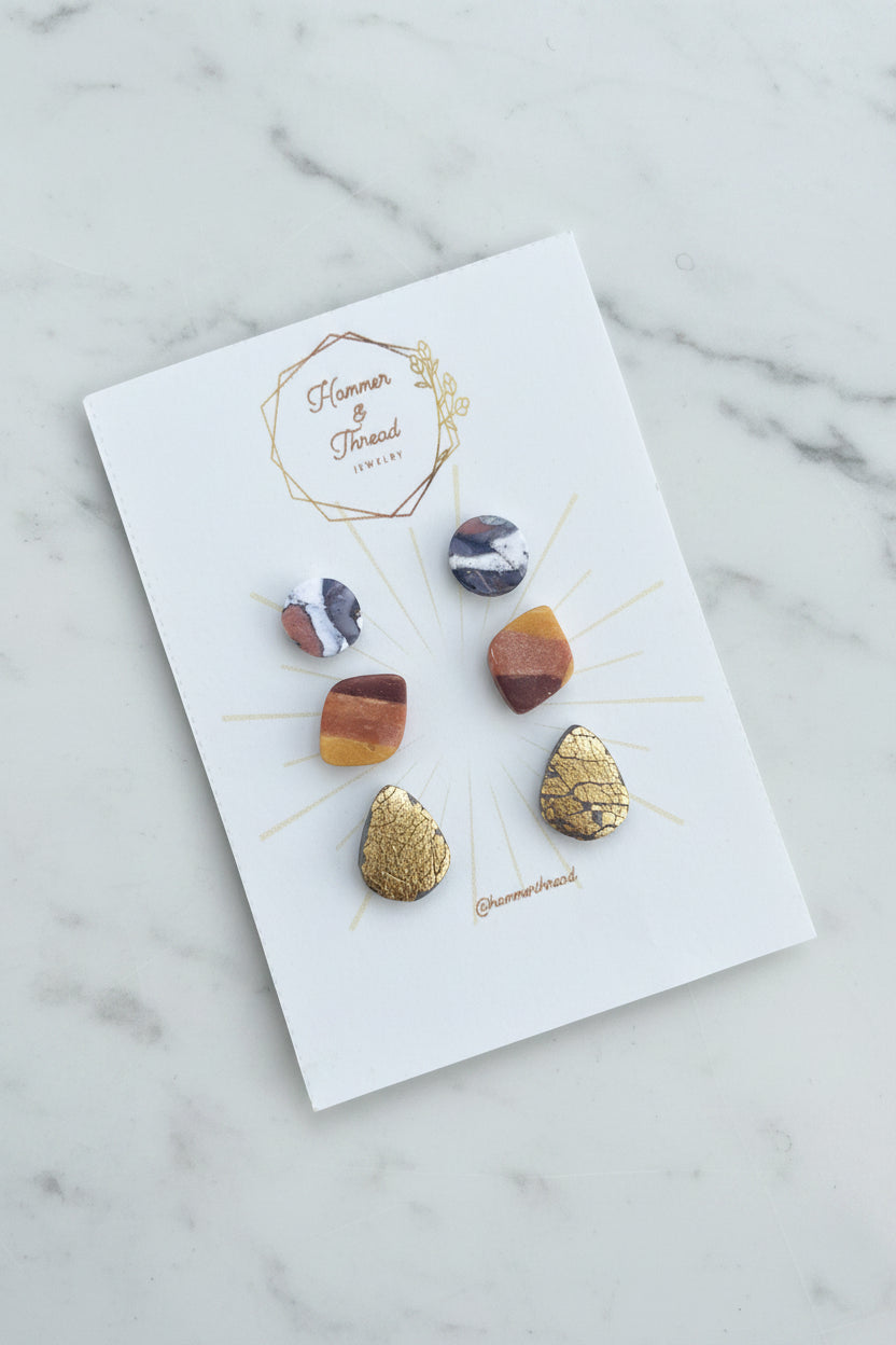 Geometric stud earring trio pack, handmade polymer clay — Hammer & Thread