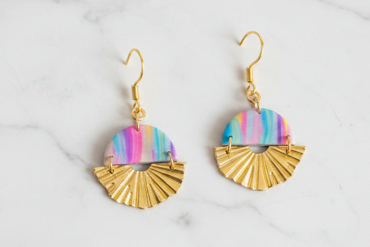Small rainbow sunburst dangle earrings, handmade polymer clay — Hammer & Thread