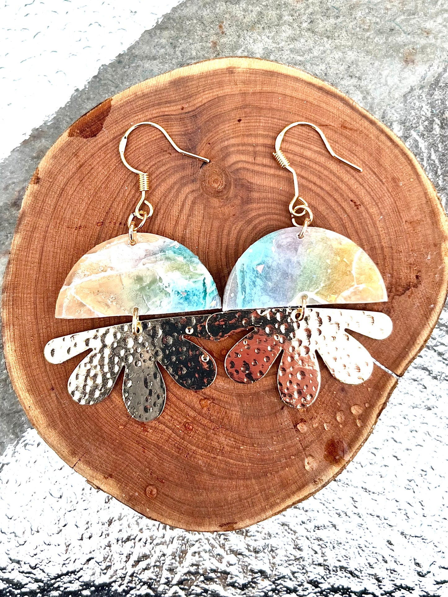 Semicircle faux stone and petal dangle earrings, handmade polymer clay — Hammer & Thread