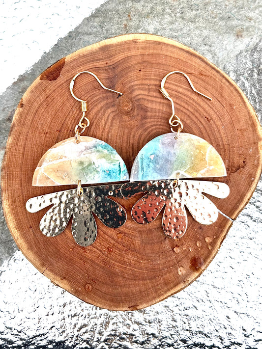 Semicircle faux stone and petal dangle earrings, handmade polymer clay — Hammer & Thread