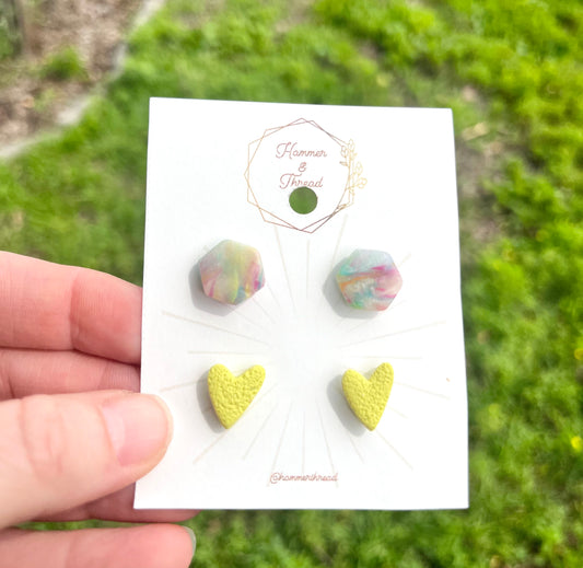 Rainbow Hexagon & Chartreuse Heart Stud Earring Pack