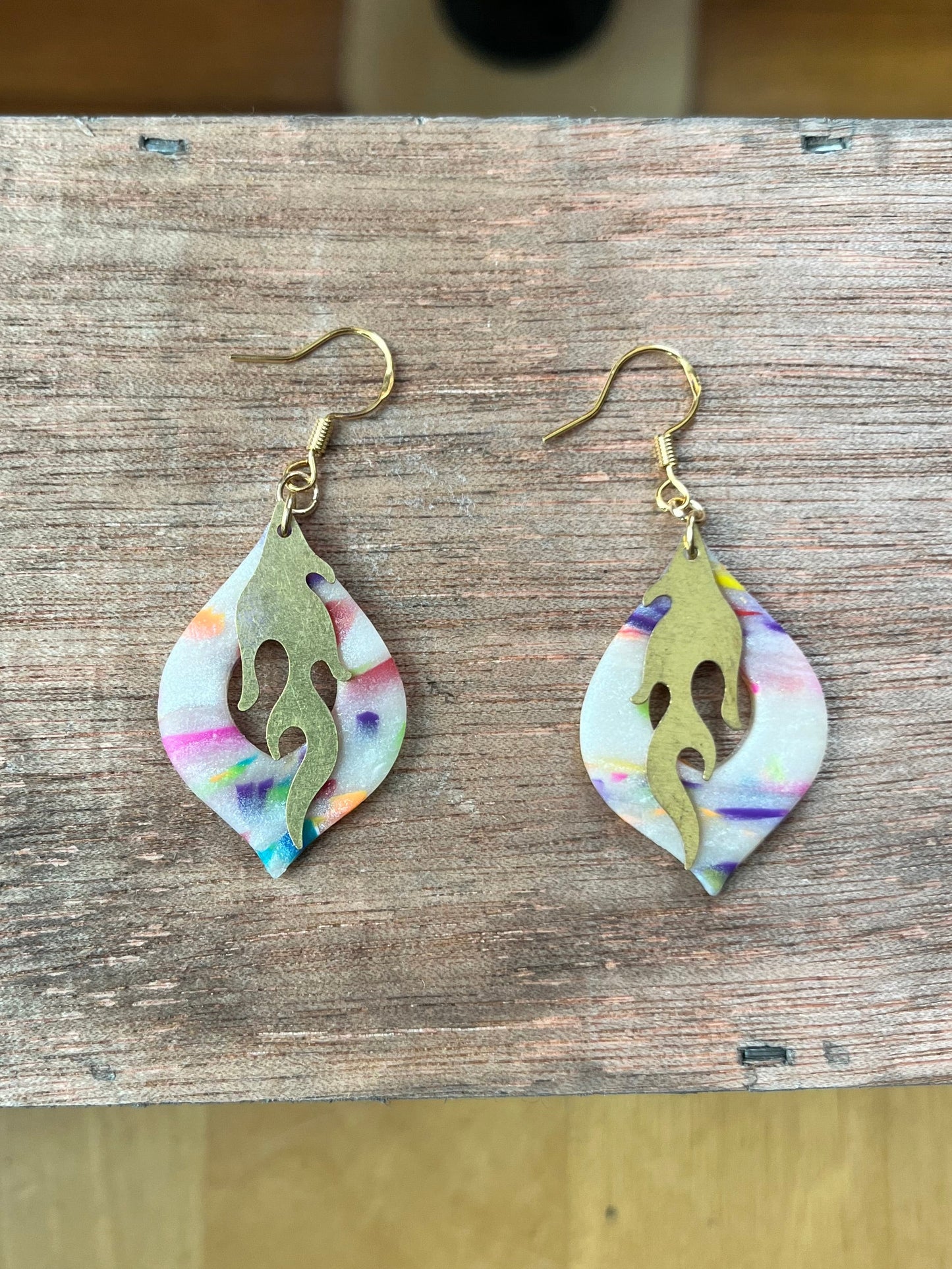 Rainbow flame dangle earrings, handmade polymer clay — Hammer & Thread