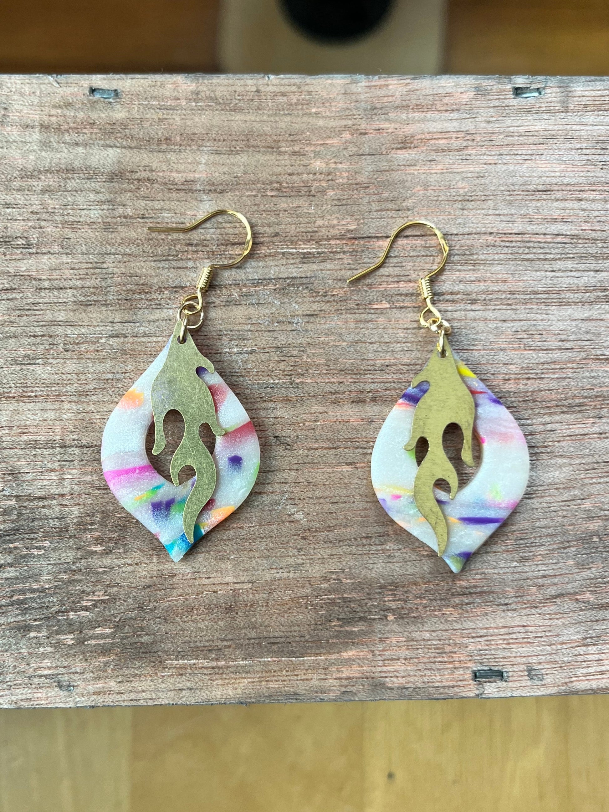 Rainbow flame dangle earrings, handmade polymer clay — Hammer & Thread