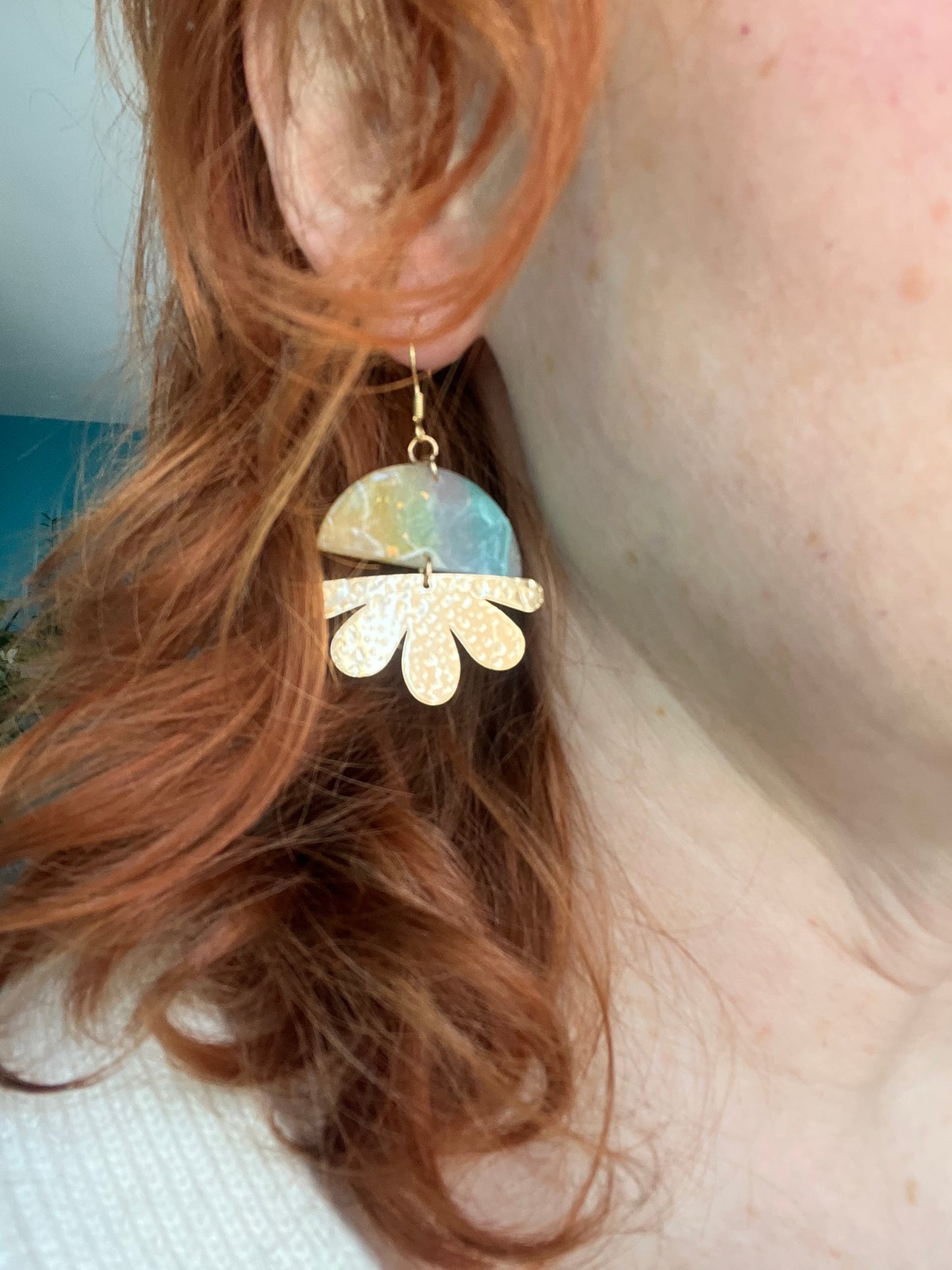 Semicircle faux stone and petal dangle earrings, handmade polymer clay — Hammer & Thread