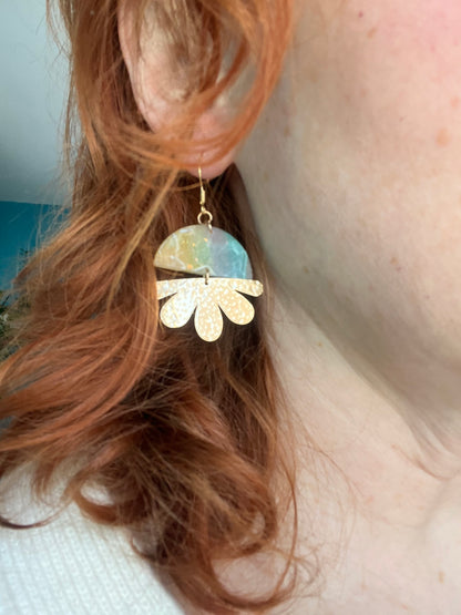 Semicircle faux stone and petal dangle earrings, handmade polymer clay — Hammer & Thread