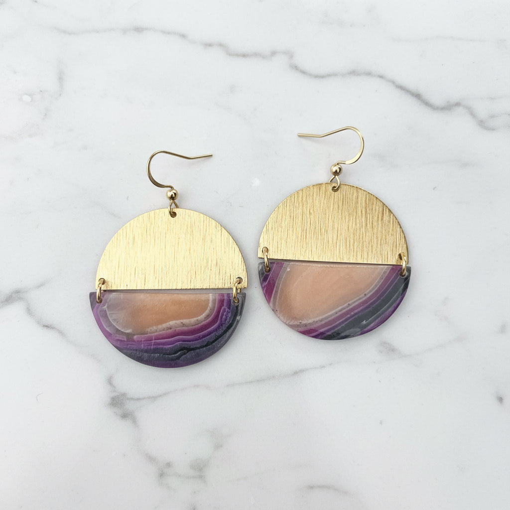 Purple Faux Agate & Brass Semi-Circle Dangles