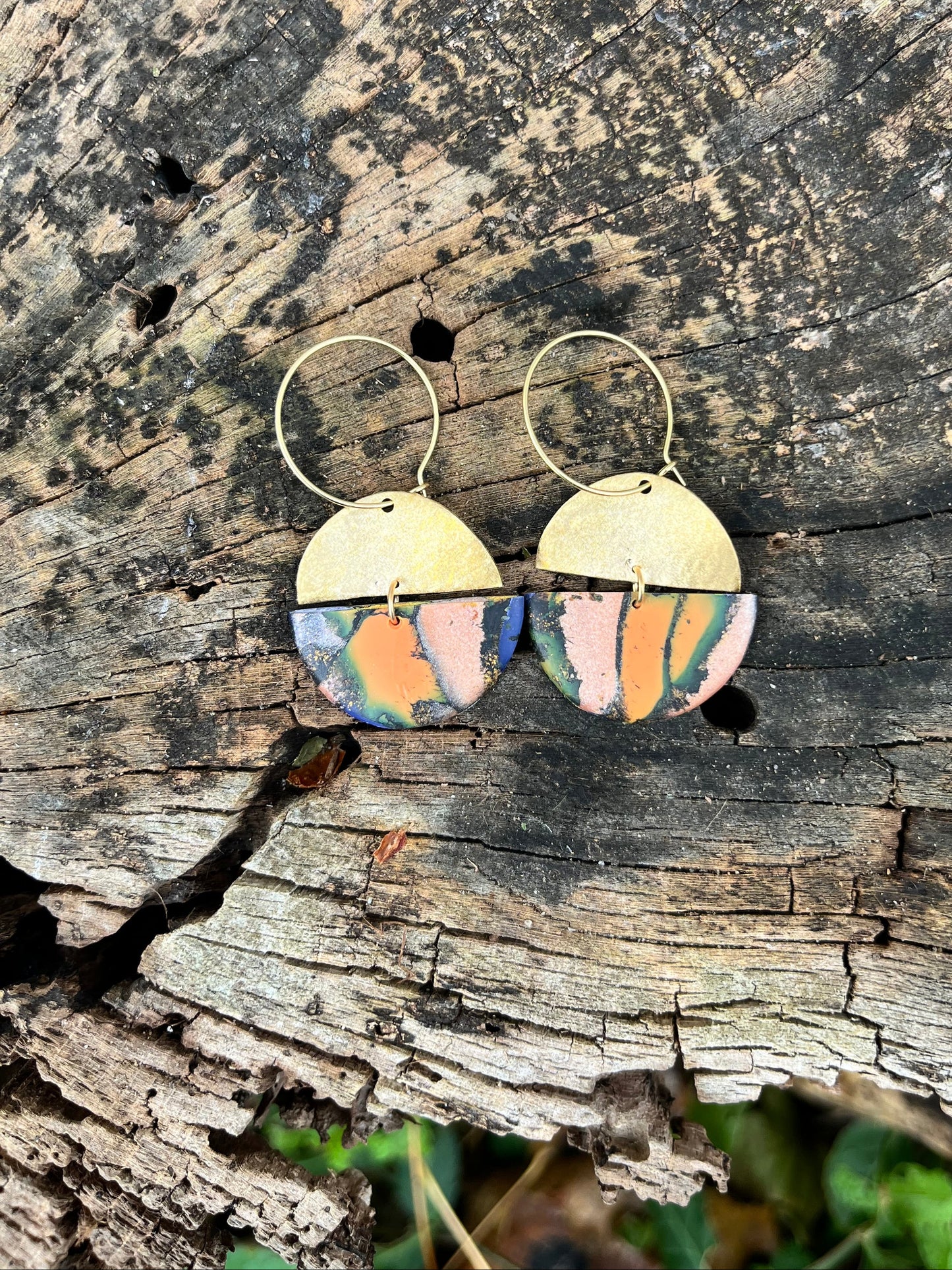 Orange Marble Semi Circle Dangle Hoops