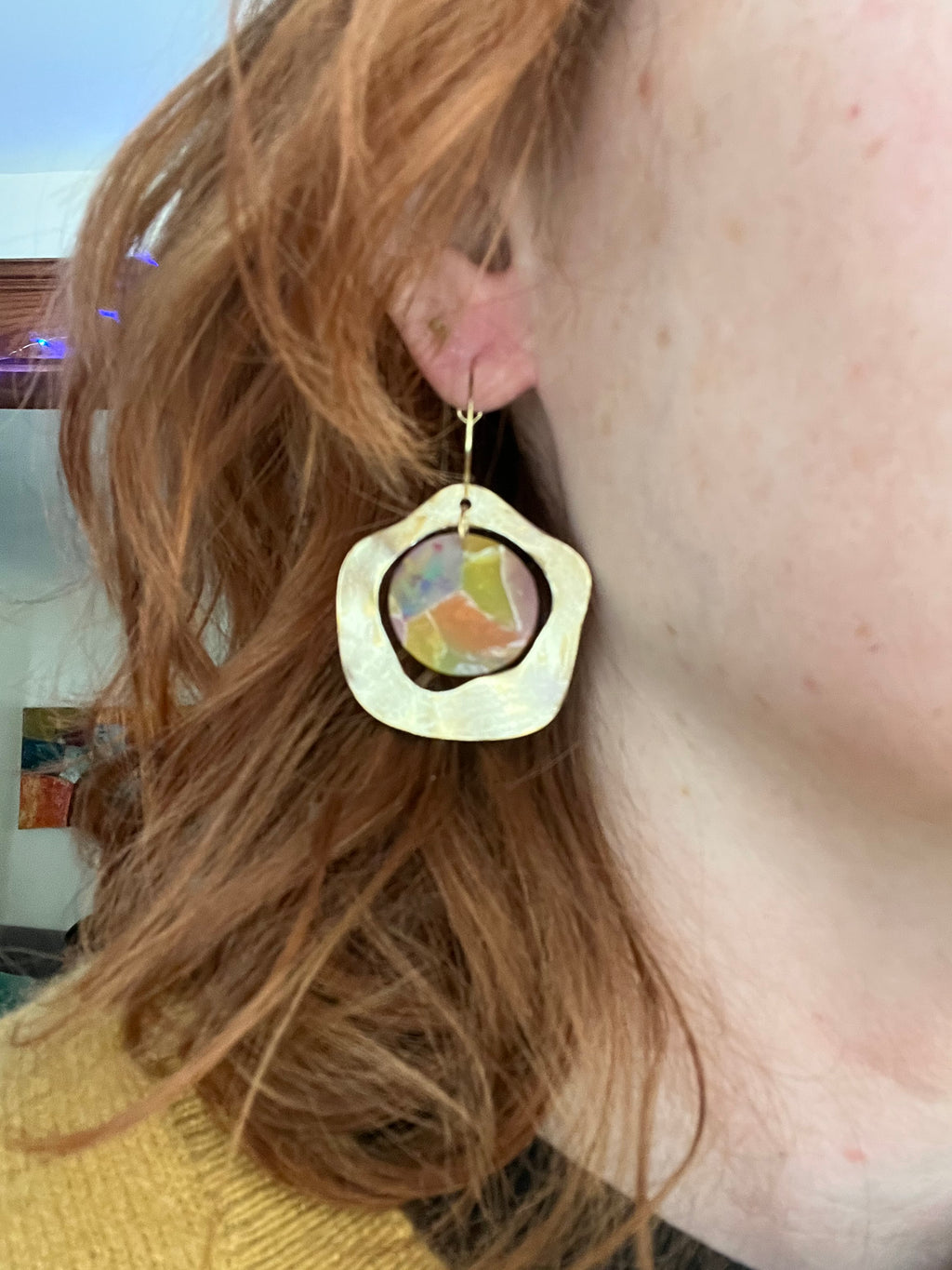 Sunlit mosaic dangle hoop earrings, handmade polymer clay — Hammer & Thread