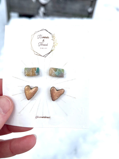 Faux Stone Bar & Rosy Golden Hearts Stud Pack