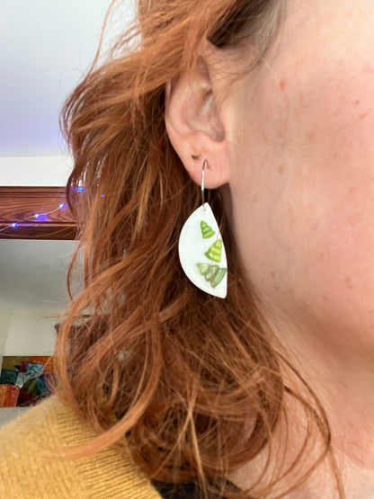 Tiny tree trio white glitter dangle hoop earrings, handmade polymer clay — Hammer & Thread