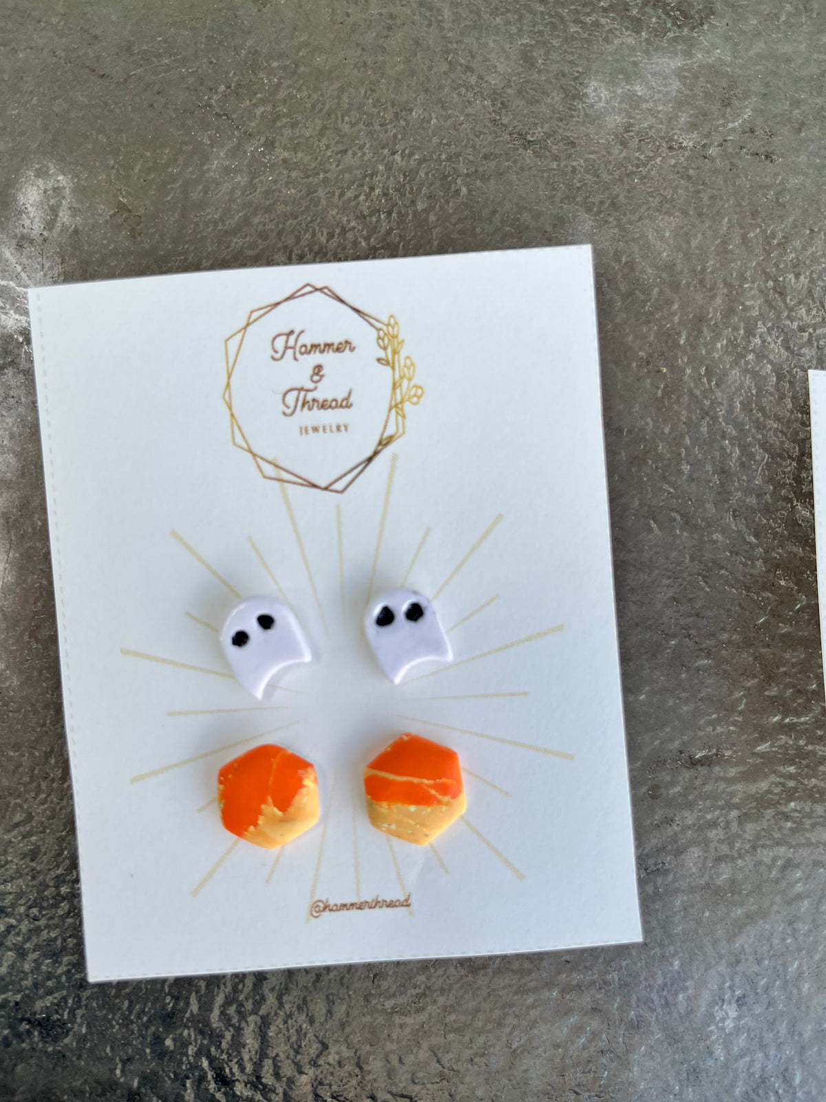 Friendly ghost and orange hexagon Halloween stud earring pack, handmade polymer clay — Hammer & Thread