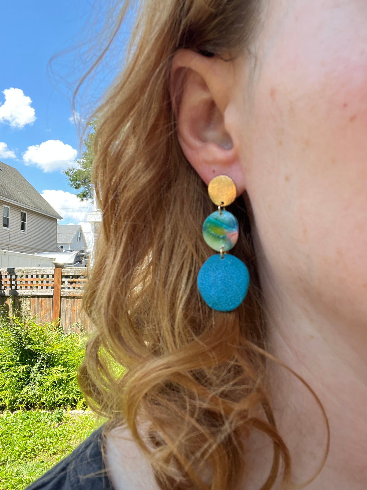 Teal, Gold & Watercolor Pebble Tiered Dangle Earrings