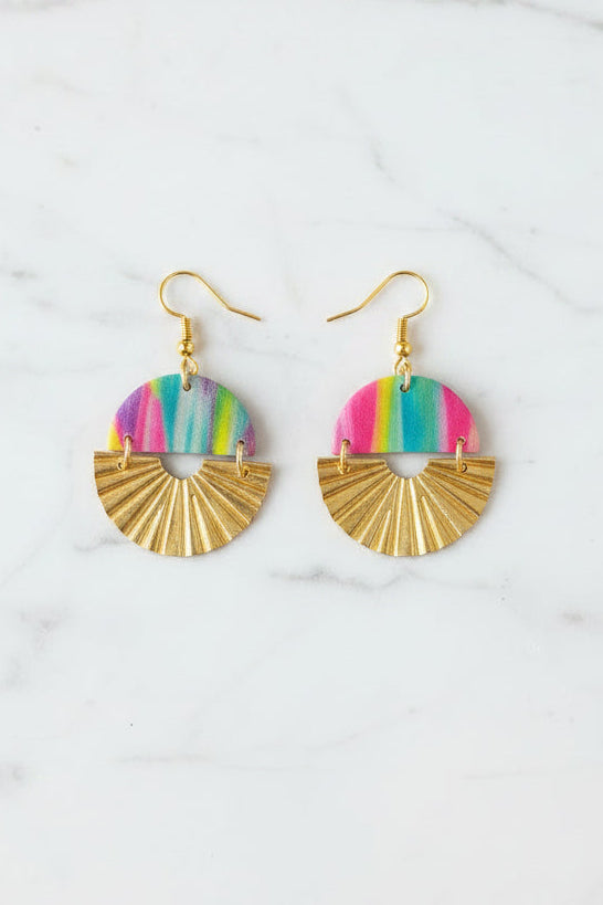 Small rainbow sunburst dangle earrings, handmade polymer clay — Hammer & Thread