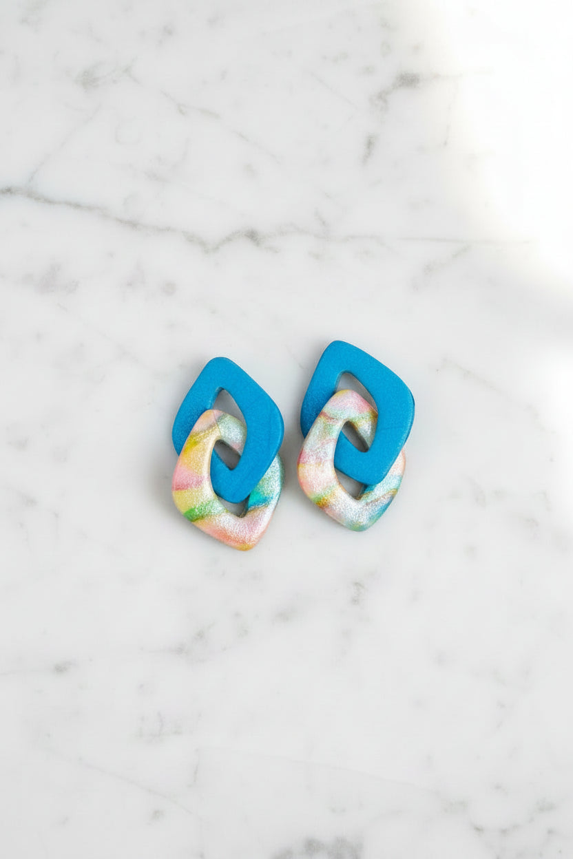 Watercolor & Teal Link Stud Dangle Earrings