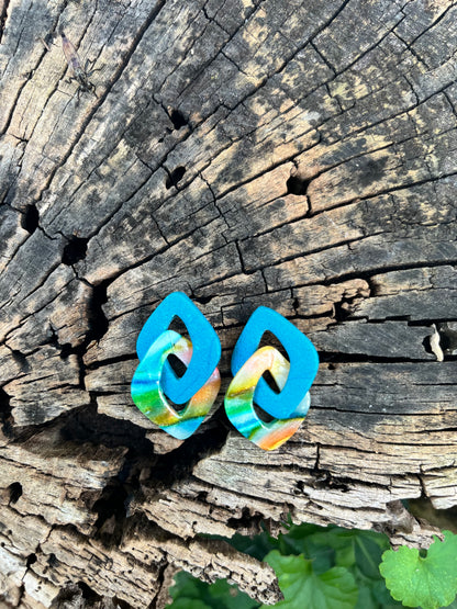 Watercolor & Teal Link Stud Dangle Earrings