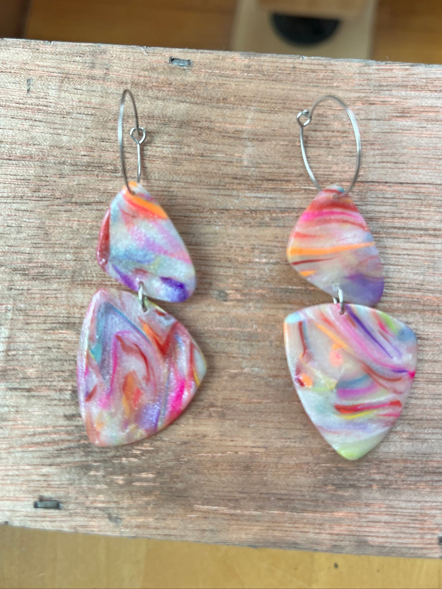 Rainbow swirl pebble dangle hoop earrings, handmade polymer clay — Hammer & Thread