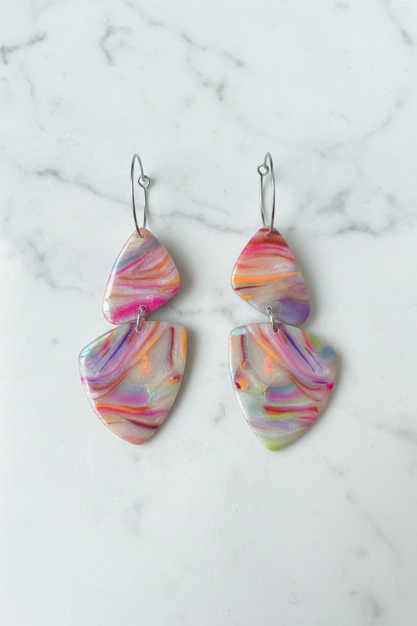 Rainbow swirl pebble dangle hoop earrings, handmade polymer clay — Hammer & Thread