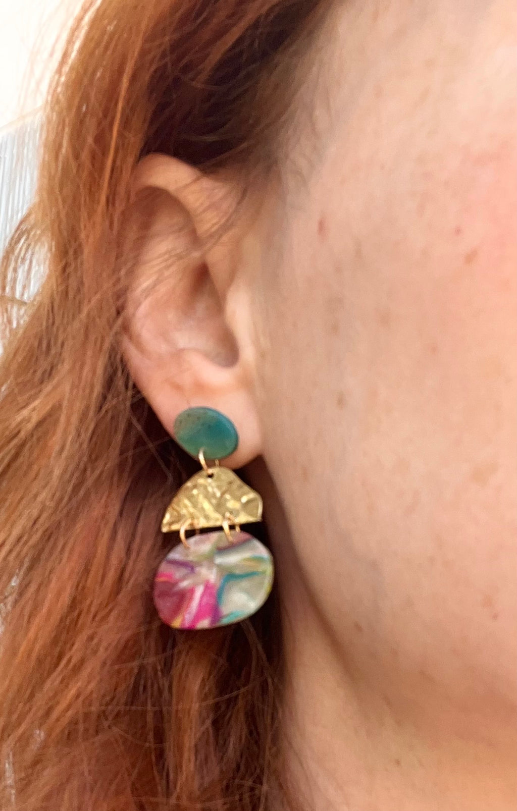 Rainbow marble tiered dangle earrings, handmade polymer clay — Hammer & Thread