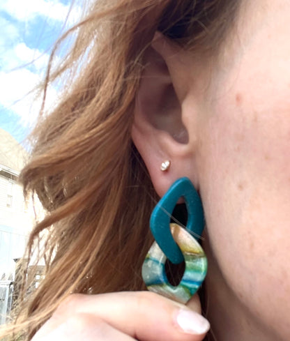 Watercolor & Teal Link Stud Dangle Earrings