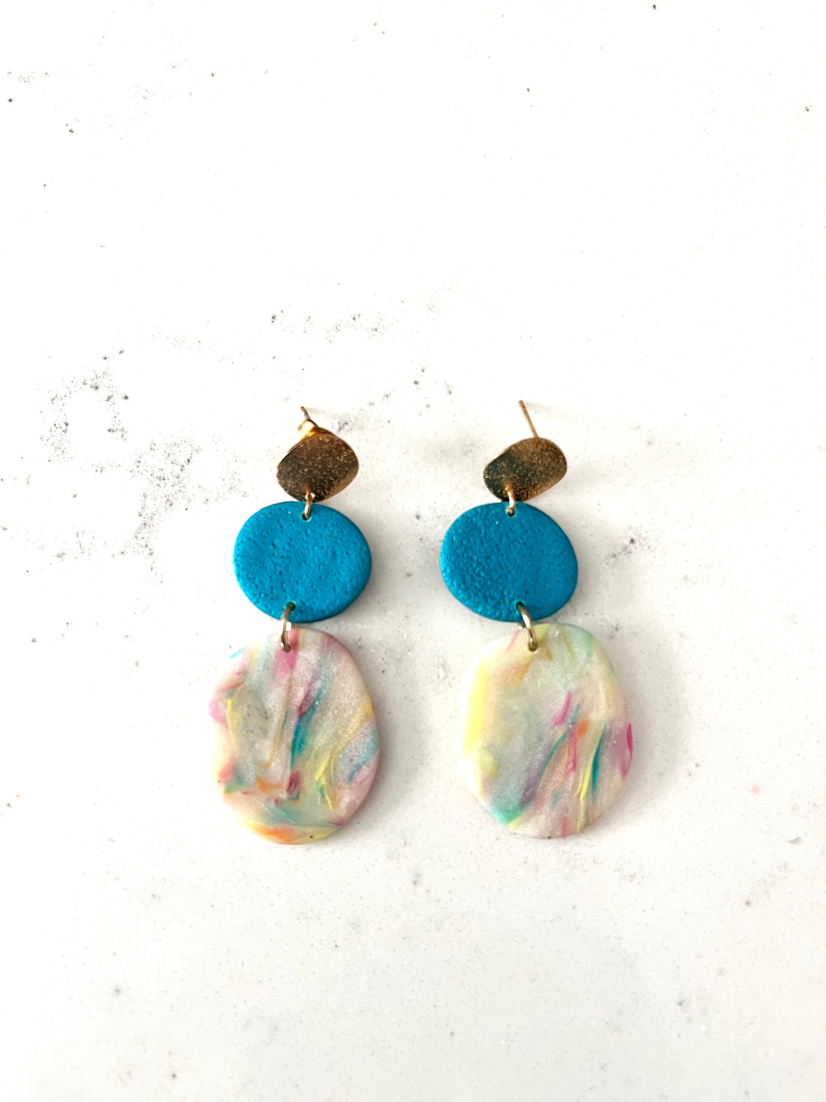 Tiered Teal and Matte Rainbow Pebbles Dangle Earrings