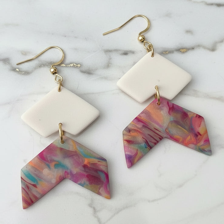 White Sparkle and Rainbow Chevron Dangles
