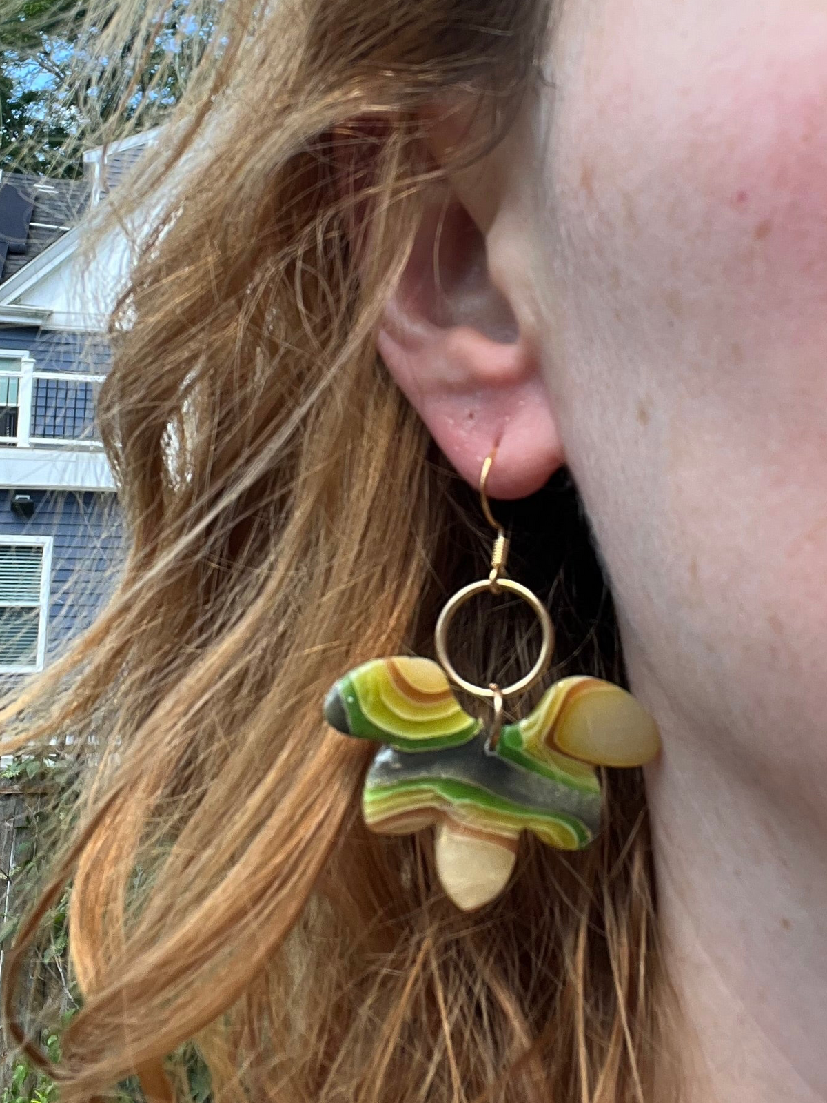 Green Faux Agate Wing and Brass Circle Dangle Earrings