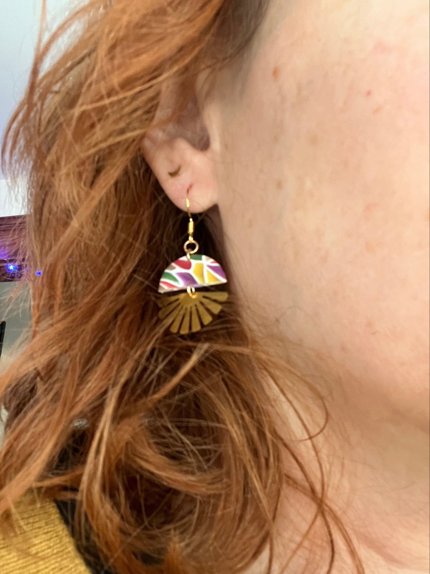 Stained glass mini sunburst dangle earrings, handmade polymer clay — Hammer & Thread