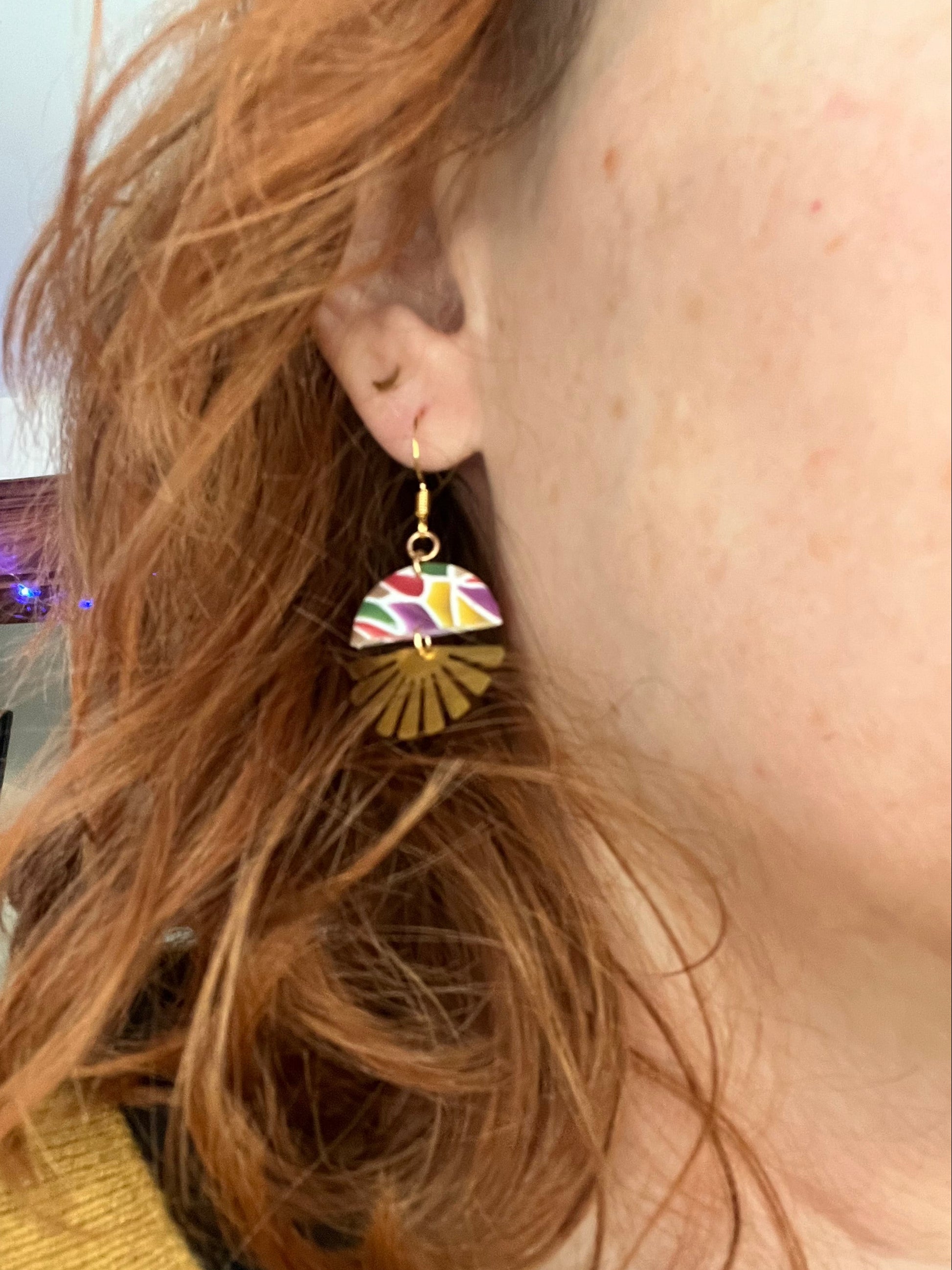 Stained glass mini sunburst dangle earrings, handmade polymer clay — Hammer & Thread