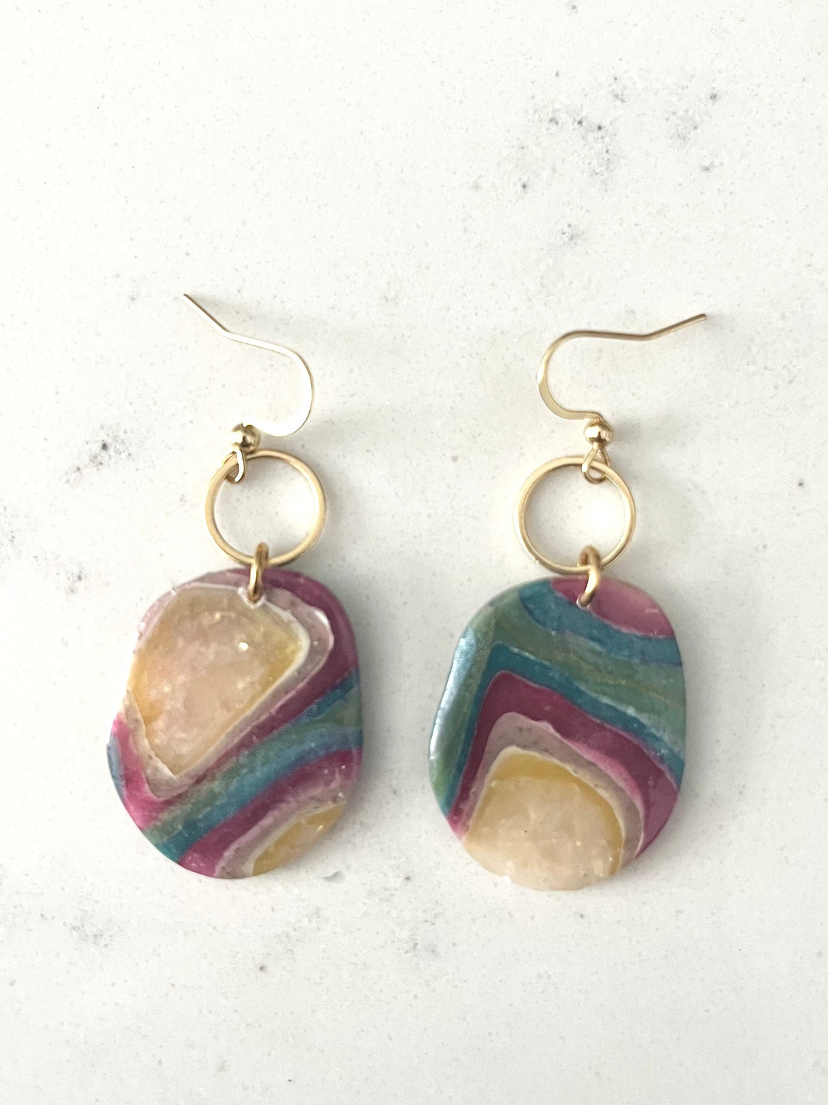 Magenta Faux Agate and Brass Circle Dangles