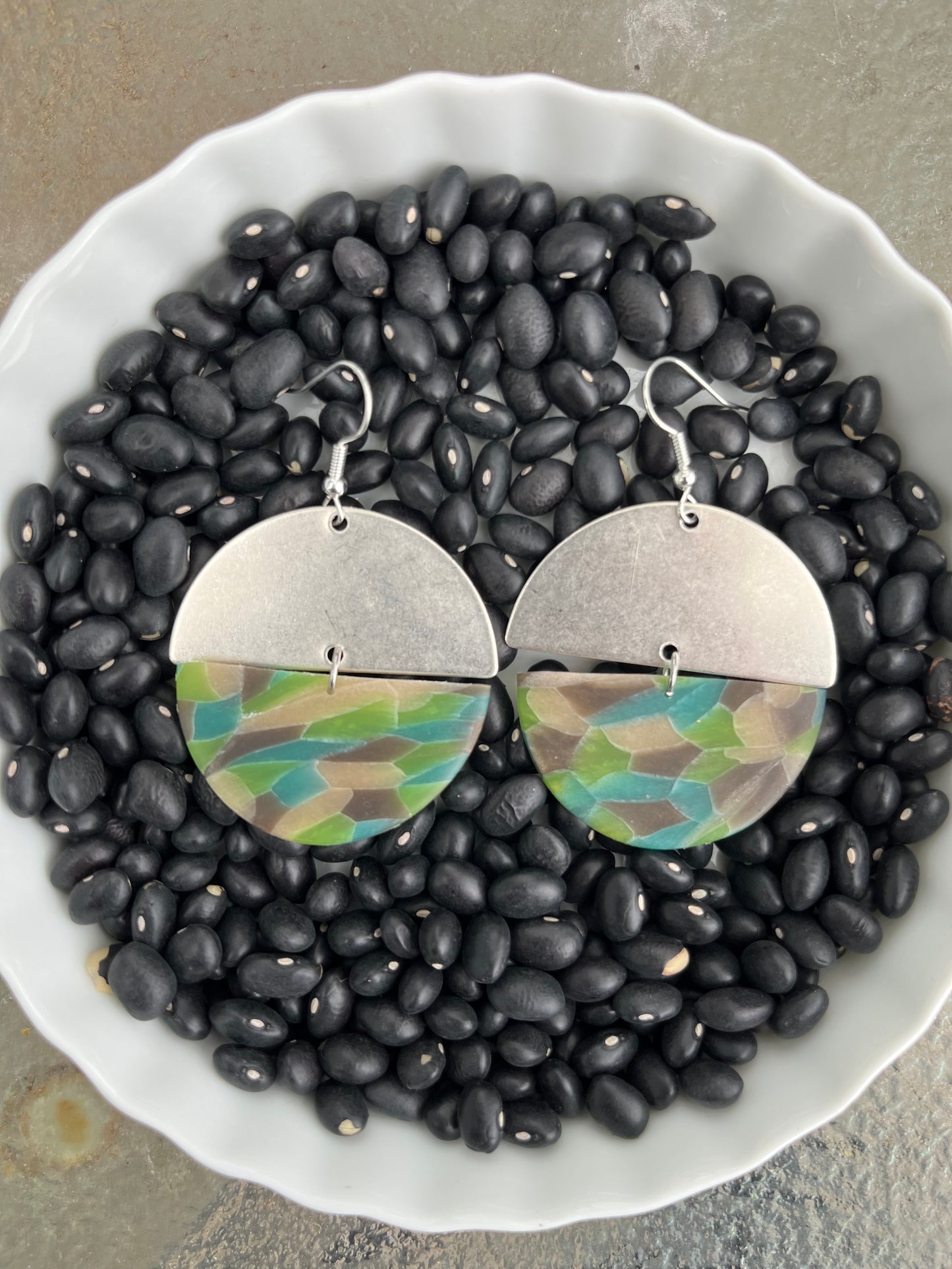 Aqua Mosaic Sterling Silver Semi Circle Dangle Earrings