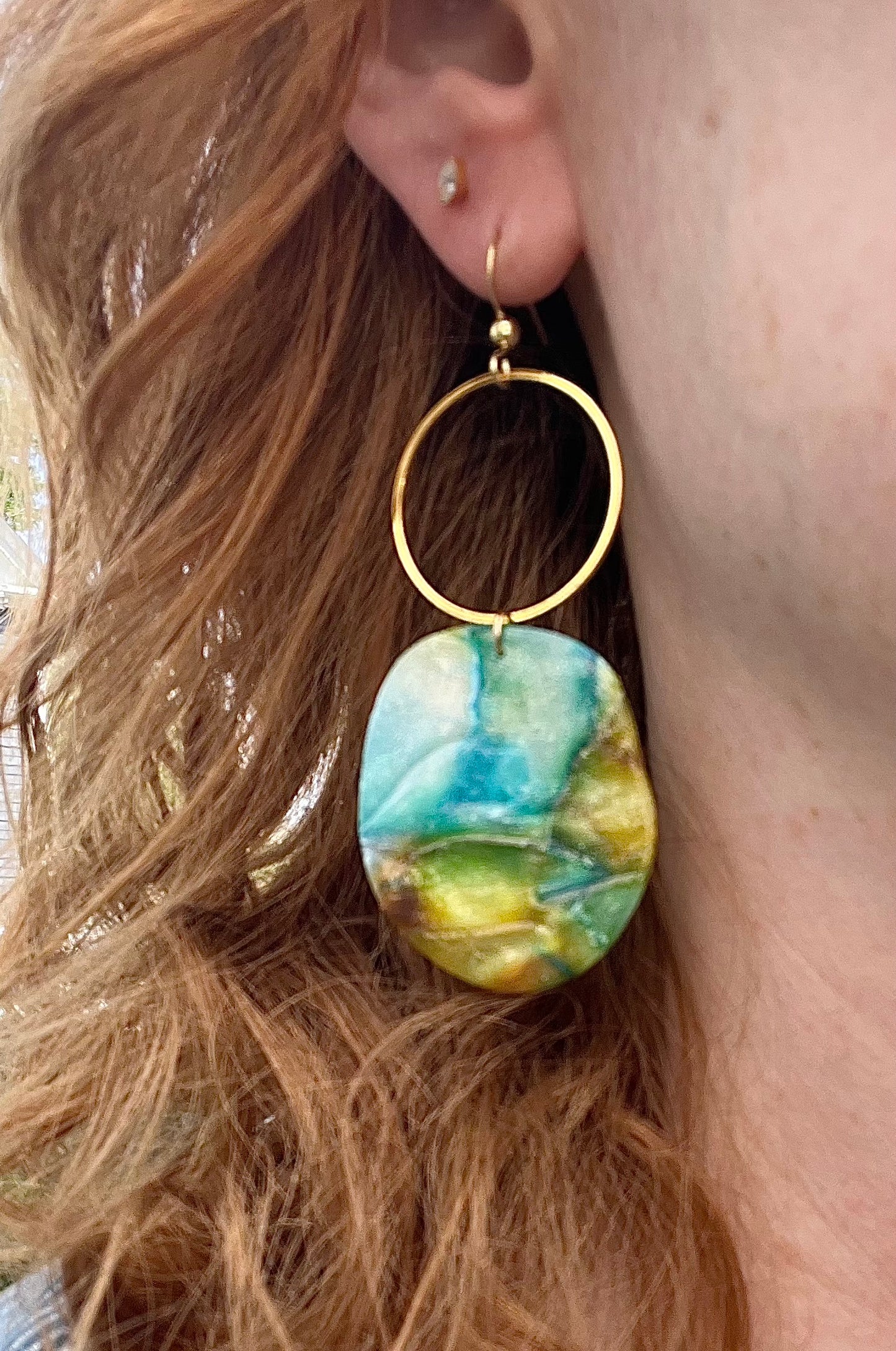Watercolor Pebble and Brass Circle Dangle Earrings