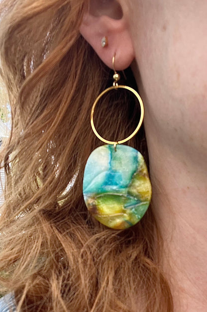 Watercolor Pebble and Brass Circle Dangle Earrings