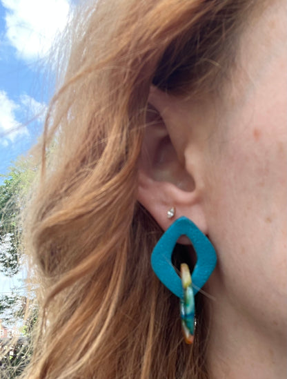 Watercolor & Teal Link Stud Dangle Earrings