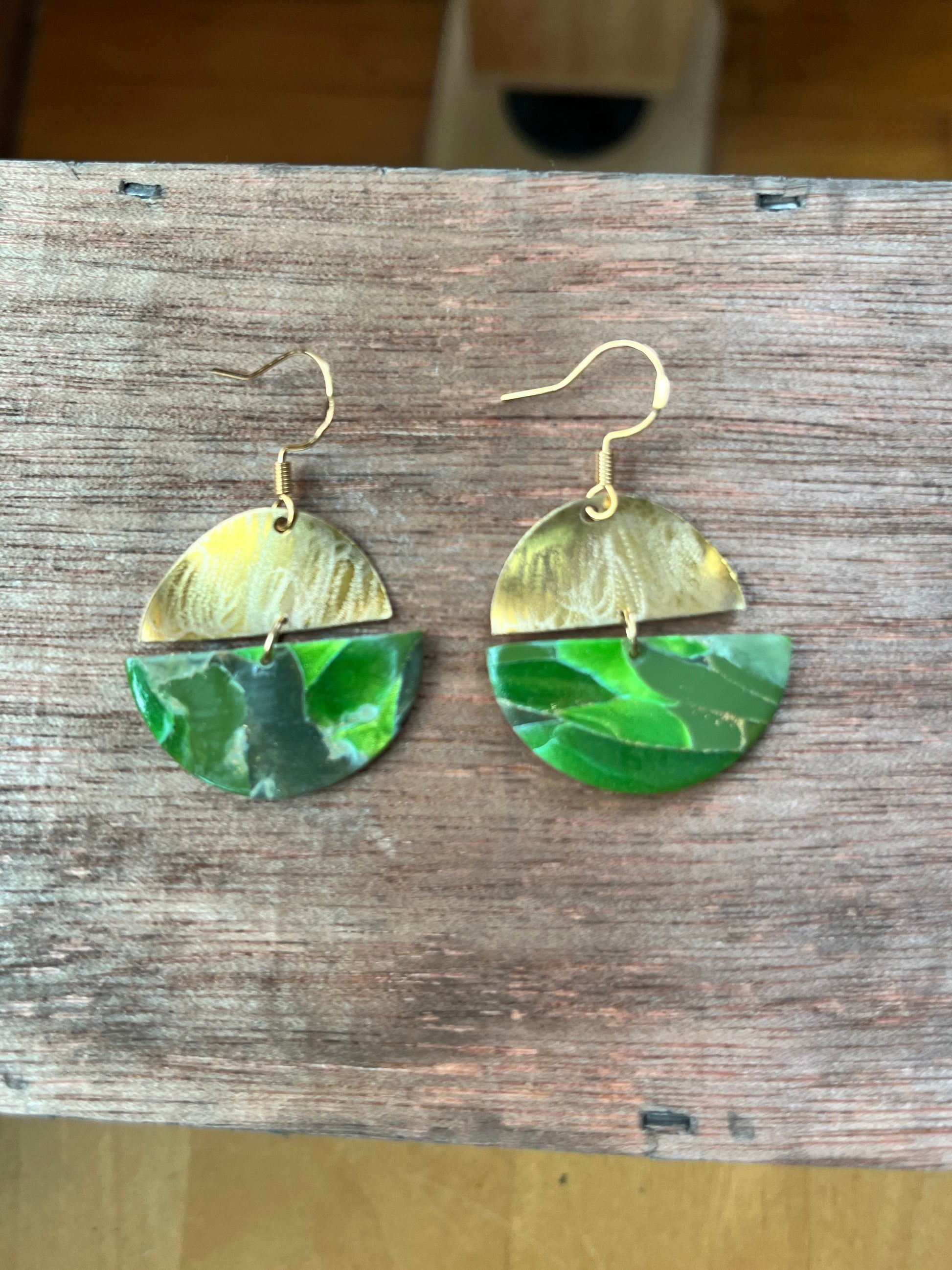 Bright green marble brass semi circle dangle earrings, handmade polymer clay — Hammer & Thread